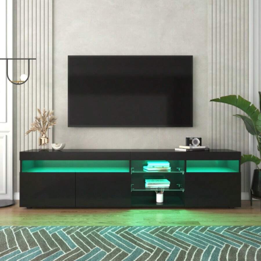 Modern Black TV Stand, Glossy Panel, Variable LED Lighting, For Living Room And Dining Room, 180 Cm - Black - View 1