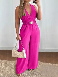 女士梭织面料腰带口袋连体裤，适合度假、日常穿着、生日派对、返校派对、单身派对、旅行、夏季等场合，尽显优雅气质。 - 玫紅色 - 查看 3