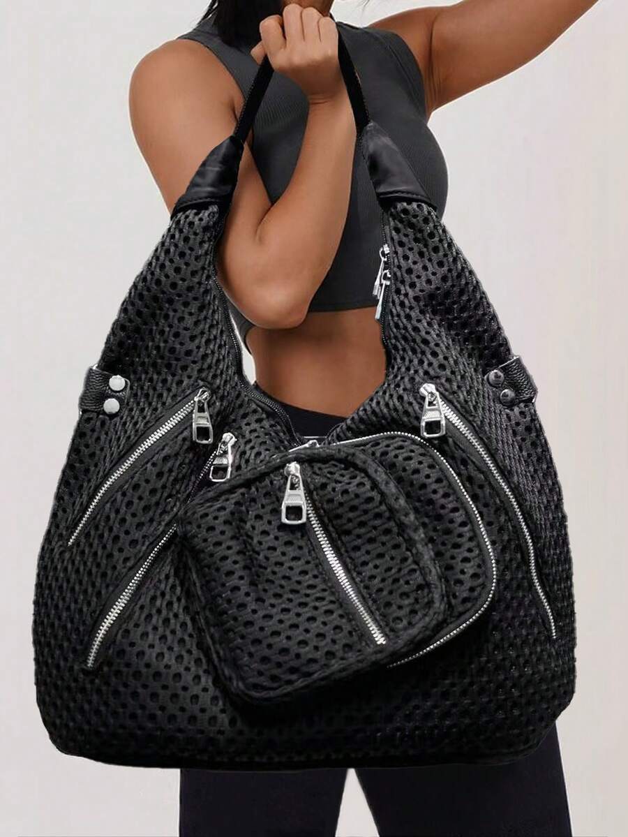 Y2K Street Style Personalized Women's Nylon Spliced Shoulder Bag, Large Capacity, Rivet Decorated Crossbody Bag, Multi Compartment Design - Black - View 1