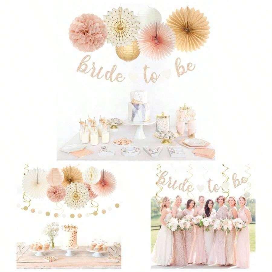 Champagne - Gold Beige Fall Boho Bachelorette Party - Decorations - 21pcs Women Bridal Shower Garland, Bride To Be Paper Streamers Lanterns, Flower Tissue Pom Poms Fan Favors Wedding Decor - 香檳金米色 - 查看 1