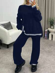 女士撞色针织衫套装（两件套），长袖圆领毛衣上衣搭配长裤，秋冬季休闲两件套，家居服。 - 藏蓝色 - 查看 5