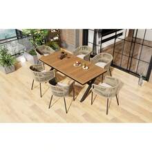 Garden Dining Set, 7 Pieces, Garden Lounge Set Made Of Rope, 6 Armchairs And 1 Table, Table Made Of Acacia Wood, With Footrest And Six Seat Cushions, Removable And Washable