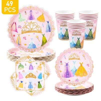 1 Set Crown Princess Petal Shaped Disposable Plates, Napkins And Cups, Serves 8 Guests, Suitable For Birthday, Wedding, Party, Family Picnic