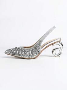 Women's High Heels. Pointed Toe, Fully Rhinestoned Upper, Elastic Strap At Back, Unique Heel Shape, Comfortable. Luxurious, Sparkling Rhinestones, Suitable For Parties, Gatherings, Balls, Shopping, Various Occasions And Festivals, Rhinestone Decorated Party Pumps