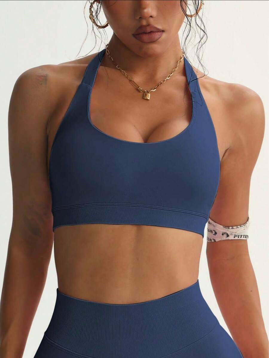 Women's Solid Color Wire-Free Sports Bra, Breathable And Comfortable Sports Bra, Fitness Apparel, Peak Tennis Bra, Women's Indoor And Outdoor Sportswear, Fitness Training Apparel - 藏蓝色 - 查看 1