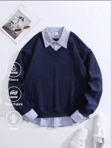 男士休闲条纹拼接纽扣领长袖polo衫，适合春秋季穿着 - 藏蓝色 - 查看 8