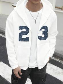 Men's Casual Comfortable Numeric Pattern Printed Zip-Up Hoodie, Thermal Lined, Autumn/Winter, Long Sleeve Top - White - View 4
