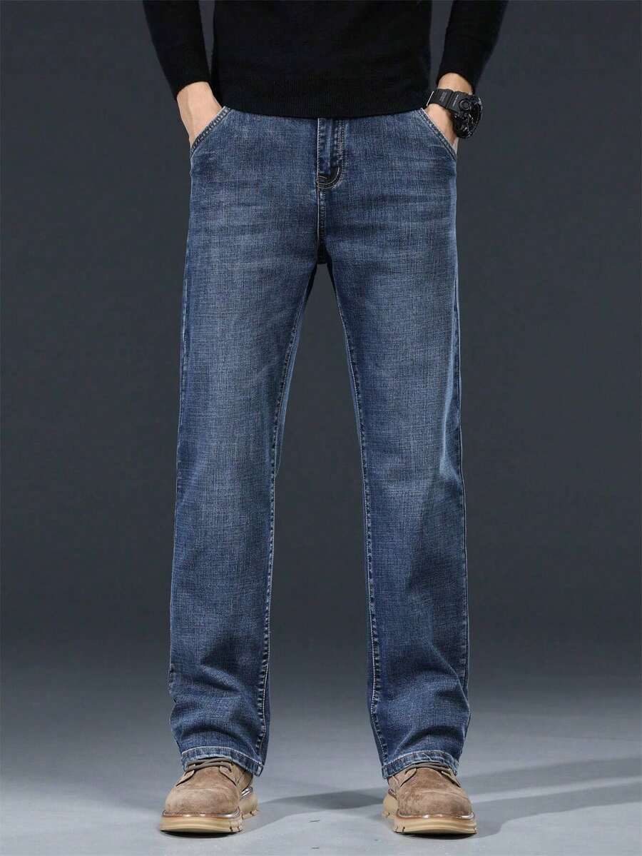 1 Pair Men's Business Casual Jeans - Slim-Fit Straight-Leg Office & Everyday Pants,High-Quality Non-Transparent Fabric For Formal & Casual Events - Easy Care, Refined Tailoring, Premium Stitching, Stylish Trousers, Professional Men - (30L) Xanh nước biển - Xem 1
