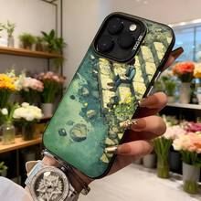 Cubierta de telefono estilo arte acuarela verde con hombre sentado en escaleras y flores amarillas CASETTO para iPhone uso diario y estetico Aplicable a los teléfonos de la serie Apple y Galaxy - Negro - Ver 6