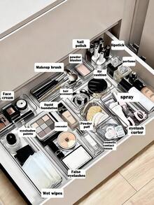 1/4/5/6/7件套抽屉收纳盒，桌面收纳盒，4种尺寸可选，化妆品收纳盒，透明亚克力分类收纳盒，卧室、办公室、浴室抽屉隔板自由组合收纳整理盒，多功能收纳盒，适用于分类存放化妆品和护肤品、文具、办公用品、梳妆台收纳盒、校园用品收纳 - 無色 - 查看 10