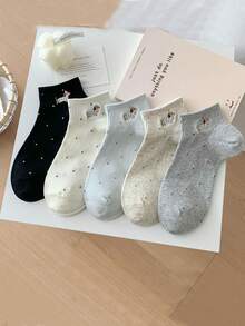 5pairs Women Polka Dot Sausage Dog Pattern Casual Ankle Socks Short Socks For Daily Decoration, Suitable For All Seasons, Shipped Randomly