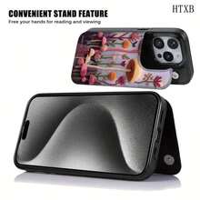 Fleece Mushroom Forest Language patterned, The practical TPU phone case with pattern design features a card slot and multiple functions such as bank cards and public transportation cards. It is suitable for iPhone16promax, 16 15pro 14PLUS, 13 12Pro - ブラック - チェックする 8