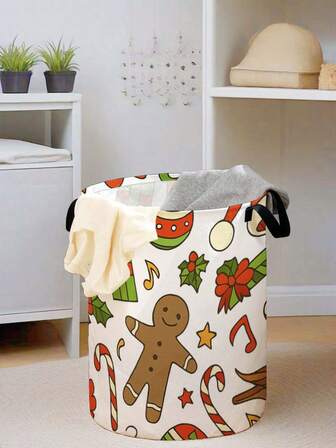 1pc Cartoon Christmas Pattern Foldable Round Storage Basket With Handle, Large Capacity Multi-Purpose Storage Bin For Nursery, Baby Diaper, Clothes, Toys Organization