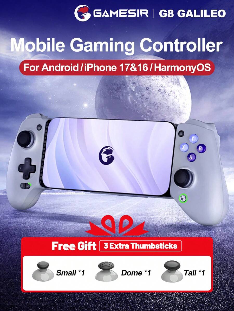 GAMESIR GameSir G8 Galileo Mobile Gaming Controller Compatible With IPhone 17 16 15 Series IOS Android Cellphone Gamepad Game Controle With Hall Effect Joystick And Triggers For Mobile Phone Cloud Gaming Egg Ns Emulators Adapted To Size 110-185mm In Length Support Game Pass Steam Link Moonlight PS Remote Play Softwares Detachable Faceplates 2 Mappable Back Buttons 3.5mm Audio Jack 5 Million-Click Lifespan ABXY Buttons, Type-C Wired Connected, Grey