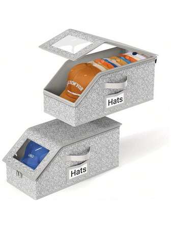 Caja de almacenamiento apilable de doble capa para gorras de béisbol, solución de almacenamiento multifuncional que puede contener hasta 24 gorras, diseñada para armarios, exterior gris neutro y duradero con forro de cartón, perfecta para la organización del hogar en otoño/invierno