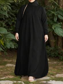 大码女士黑色长袍连衣裙，长袖圆领，常规版型，优雅大方，带口袋，春季款 - 黑色 - 查看 4