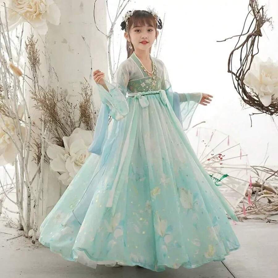Summer Tang Girls Dresses Cosplay Perform Baby Hanfu Vestidos Party Long Chinese Dress Girl Costume Kids Clothes Children Outfit - 2號綠色蝴蝶 - 查看 1