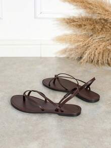 Women's Fashion Metal Multi-Strap Round Toe Flat Sandals, Comfortable Versatile Non-Slip Hollow Back Strap Flat Roman Slide Sandals - Chocolate Brown - View 7