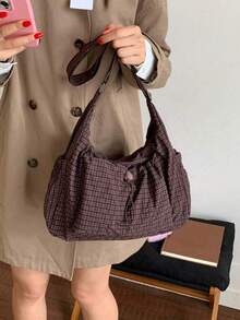 Plaid Women's Shoulder Bag, Casual Versatile Foldable Zipper Closure Adjustable Strap Handbag, Suitable For Daily Use, Students/College, Minimalist Cute Pleated Multi-Pocket Drawstring Front Pocket Tote - Multicolor - View 14