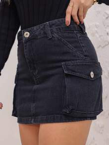 Saia jeans feminina Lateral Bolsos grandes 2021 pengmoda2 - Preto - Visão 3