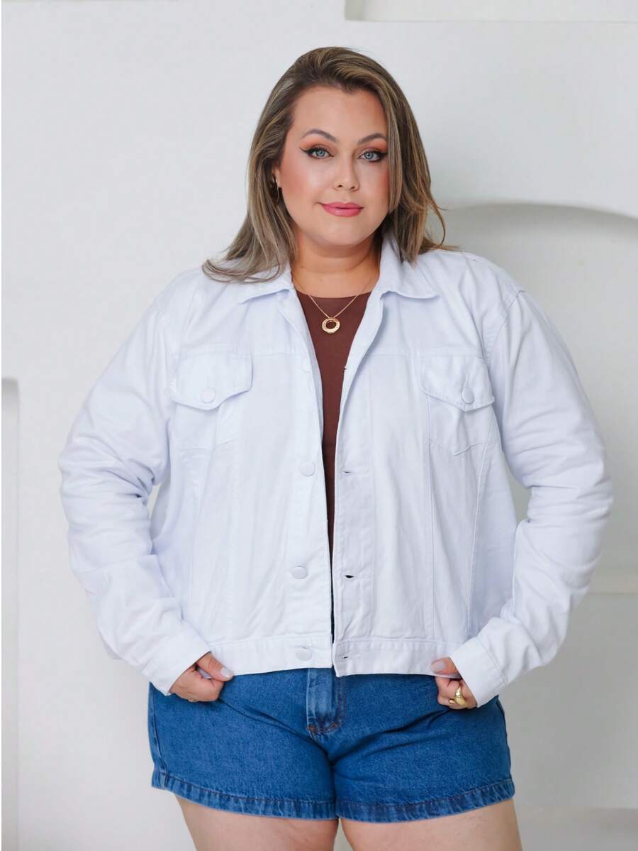 Jaqueta Plus Jeans Básica - Branco - Visão 1