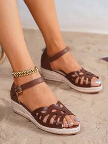 Women's Brown Leather Hollow-Out Breathable Fashion Casual Vacation Woven Straw Rope Platform Wedge Sandals - Brown - View 7