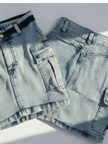 Black Cargo Skirt In Denim With Elastane And Pockets - Light Marbled - View 2