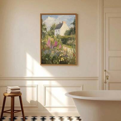 1pc/Set Spring Rose Garden Painting Poster, Vintage English Cottage Wall Art, Neutral Floral Decor, Rustic Cottage Garden Path Painting Print, Impressionist Spring Landscape Art, Cottagecore Decor, Wall Decor, Home Decor Living Room, No Frame