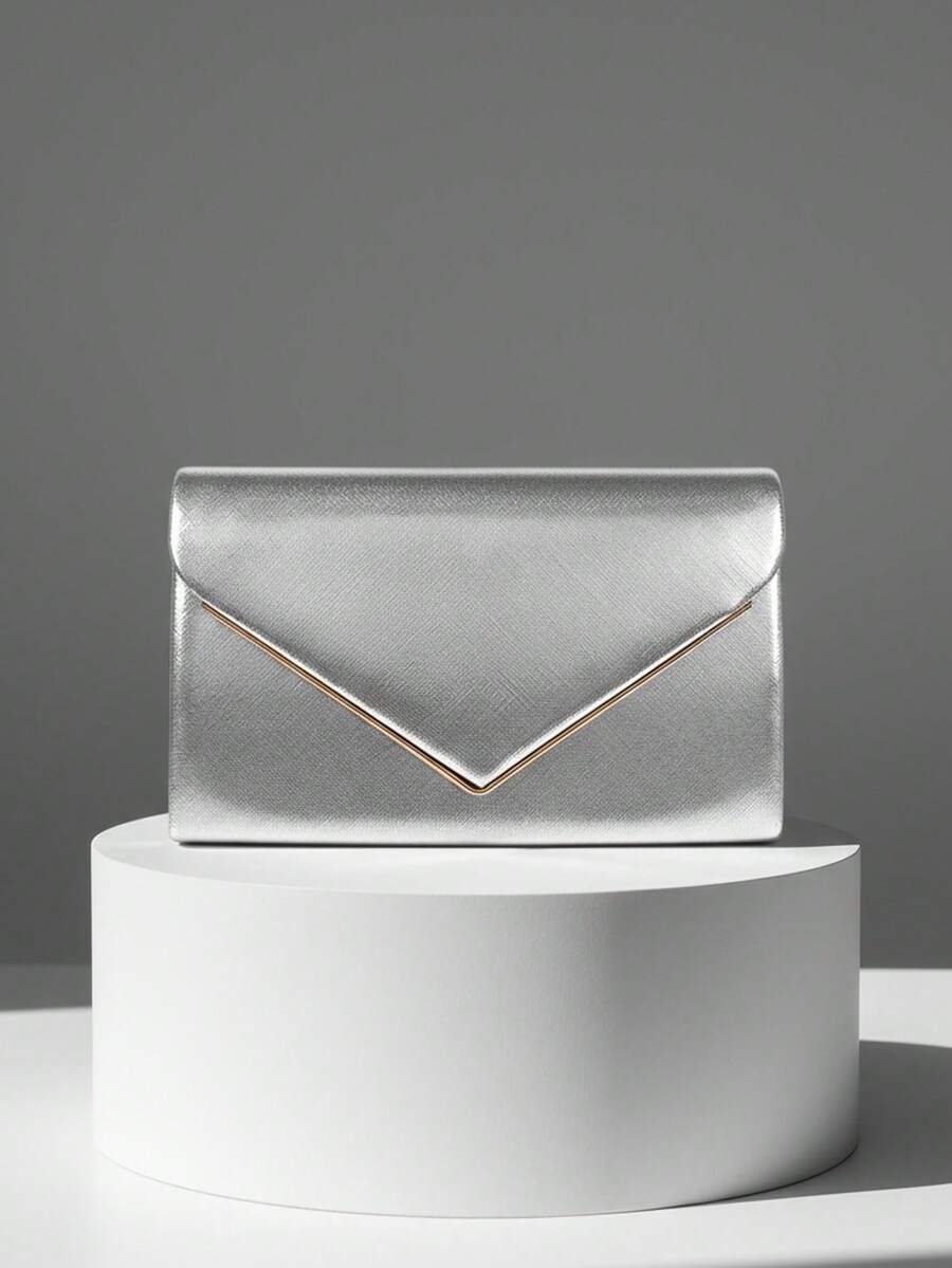 Valentinstags-Geschenk Herzerwärmender Feiertags-Date Silber Clutch Tasche, V-förmige Metallkette glänzende Pailletten Abendtasche mit Umschlag-Design, geeignet für Party, Hochzeit, Lässig Anlässe, Damen Handtasche, Bankett Geldbörse - Silber - Übersicht 1