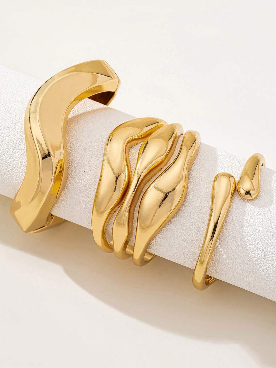 3件/套 简约光滑几何波浪不对称水滴形手链套装，适合女性，精致质感抛光金属和锌合金材质 - 金黃色 - 查看 1