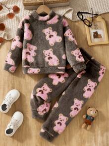 2件套小女孩熊毛绒长袖上衣和裤子套装，秋冬