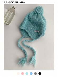 1 件法式结领针织帽，秋冬季女士柔软温暖针织帽，装饰性貂绒领带护耳针织帽，可爱渔夫帽 - 彩色 - 查看 8