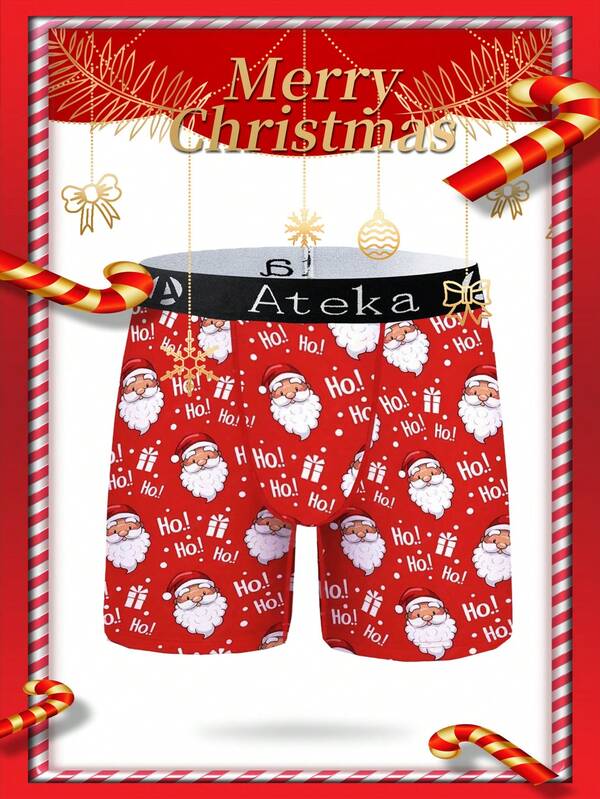 1 pièce Caleçon boxeur pour hommes avec impression numérique du Père Noël rouge de Noël - Impression de dessin animé thème Noël, taille élastique jacquard, port quotidien confortable, impression amusante, tissu tricoté de qualité, décontracté et confortable