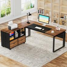 Tribesigns L-Shaped Executive Desk With Reversible File Cabinet, 63" Office Desk With Storage Drawers, L-Shaped Computer Desk With Drawer Cabinet For Hanging Letter Size Files - 胡桃木&黑色 - 查看 3
