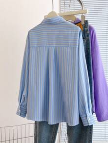 女士时尚长袖落肩纽扣前开襟涤纶条纹衬衫，休闲宽松版型，衬衫领设计，带口袋细节 - 藍色 - 查看 4