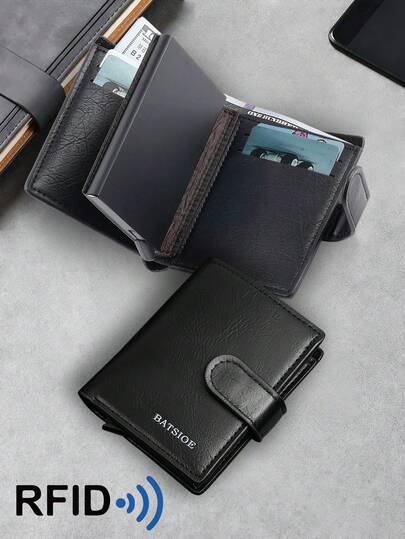 RFID enfärgad stöldskyddande herrplånbok, automatiska popup-kortfack, kort företagskort, dubbelvikt korthållare