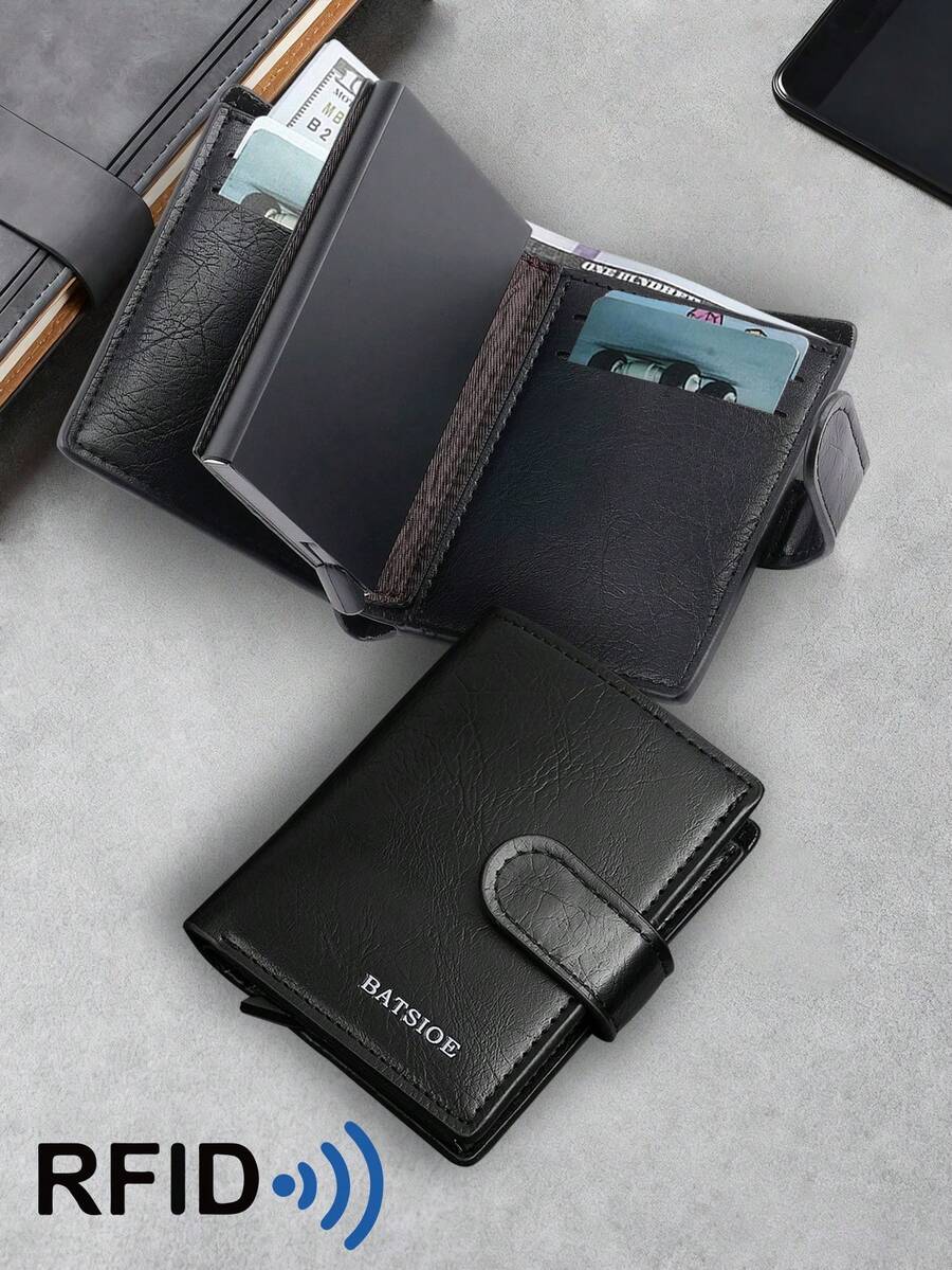 RFID Solid Color Anti-Theft Men's Wallet, Auto Pop-Up Card Slots Business Short Bifold Card Holder