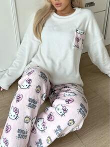 [WONDER WORLD]2pcs Hello Kitty Women Cute Plush Crew Neck Long Sleeve Top And Elastic Waist Straight Leg Pants Lounge Set, Fluffy Winter Clothes - Beige - View 8