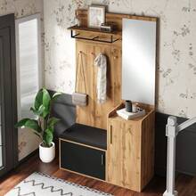 Compact Wardrobe With Mirror And Bench, Hallway Wardrobe With Shoe Rack And Hooks, Coat Rack, Compact Wardrobe, Hallway Furniture Set, Hallway Wardrobe With Wood Look - 1 - 查看 10