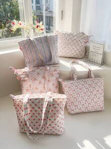 1pc Pink Bow Floral Elegant Casual Quilted One Shoulder Tote Bag, Large Capacity Shopping Bag, Suitable For Work Commute, Travel And Vacation Essentials, Makeup Cosmetic Organizer Bag, Can Hold Phone, Wallet, Sanitary Napkins, Keys, Notebook, Wired Earphones, Earbuds, Charger, Lipstick, Perfume, Skincare Products, Holiday Gift, Friend Gift - Multicolor - View 1