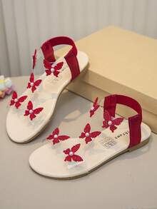 1 Pair Of Fashionable, Shiny Girl Butterfly Decorated Sparkling Rhinestone Transparent Flat Sandals, Fairy Style, Very Suitable For Summer Wear. - Red - View 5