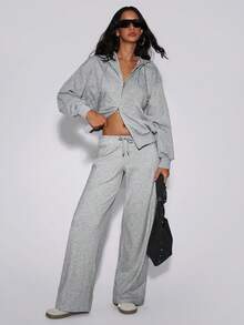 TypaGal Sudadera con cremallera frontal y bolsillo de manga larga para mujer, minimalista, casual, para graduación, regreso a la escuela, maestros, otoño, invierno, casual, deportiva, elegante, gris básica - Gris - Ver 6