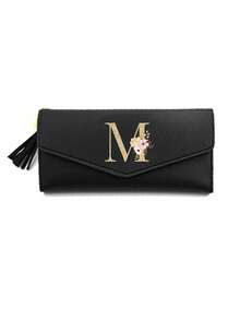 1 Pieza Cartera plegable de mujer de cuero PU negro con iniciales florales doradas A-Z, monedero lindo para niñas, cartera de moda para mujer con tarjetero mini y borla, impermeable, portátil, gran capacidad para tarjetas de crédito y efectivo, adecuada para negocios, casual, regalo de cumpleaños, regalo del Día del Maestro, regalo de Navidad.