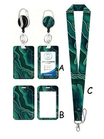1 st ABS grönt marmormönster moderiktigt personligt drag-och-tryck-korthållare, infällbart spänne-designat nyckelringshänge väskberlock, student-/arbets-ID-kortskydd
