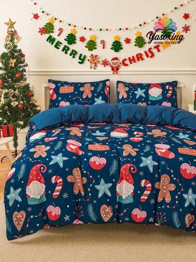 2/3pcs Blue Christmas Cartoon Pattern Reversible Color Duvet Cover Bedding Set, Soft Breatheable Wrinkle-Free Better For Sleep, Luxury Hotel Style, Gift For Mom Dad Friend, Quilt Comforter Duvet Cover*1 Pillowcase*1/2 King Queen Full Twin Size.Gender Neutral Christmas Atmosphere