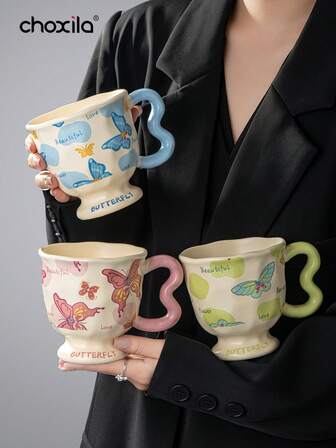 choxila 1pc咖啡杯400ml陶瓷蝴蝶形高脚杯高颜值马克杯卡通水杯办公室家用杯茶杯