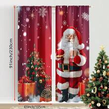 2PCS Festive Santa Claus And Christmas Tree Printed Curtains - Red, Digital Printed Polyester Curtains With Rod Pocket, Suitable For Living Room, Bedroom, Kitchen, And Festive Decoration, Christmas Curtains