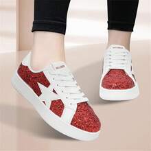 Niluber Star Sneakers For Women Low Top Cushioned White Gold Sliver Leopard Platform Sneakers Lace Up Red Glitter Platform Party ShoesChristmas - 紅色閃光 - 查看 10