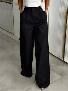 Plus Size Women's Pleated Solid Black Pocket Zip Button Office Pants