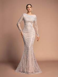 Alluring Women's Fitted Mermaid Maxi Dress With Exquisite Beading And Long Mesh Sleeves Round Neck Design - 杏色 - 查看 5